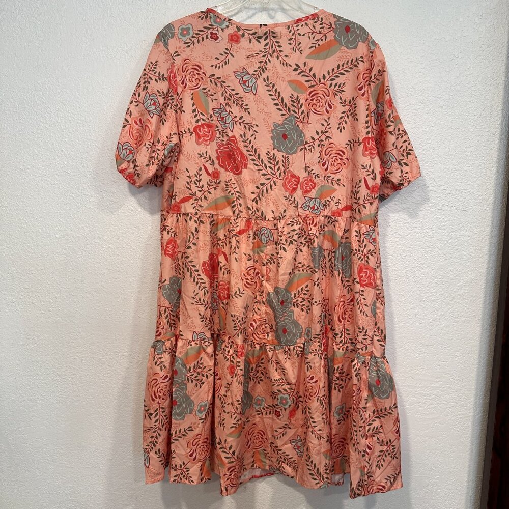 Misslook XL Floral Midi Dress Ruffle Hem MultiColor Short Sleeve Tied V-Neck EUC - Picture 2 of 8